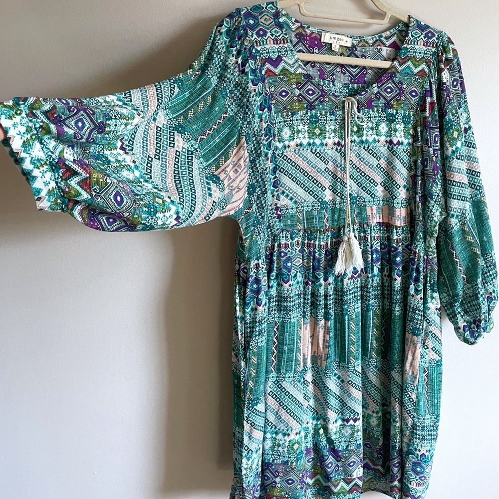 Multicolored Teal Boho Print Peasant Dress with Tassel Tie by Umgee Cruise Wear - Picture 7 of 7